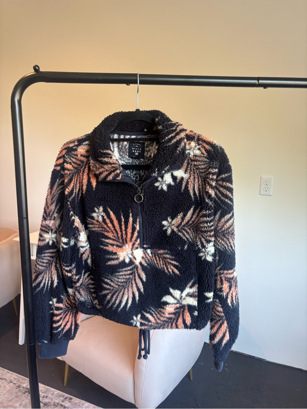 Billabong Black Sherpa Jacket with Peach & Cream Palm Print